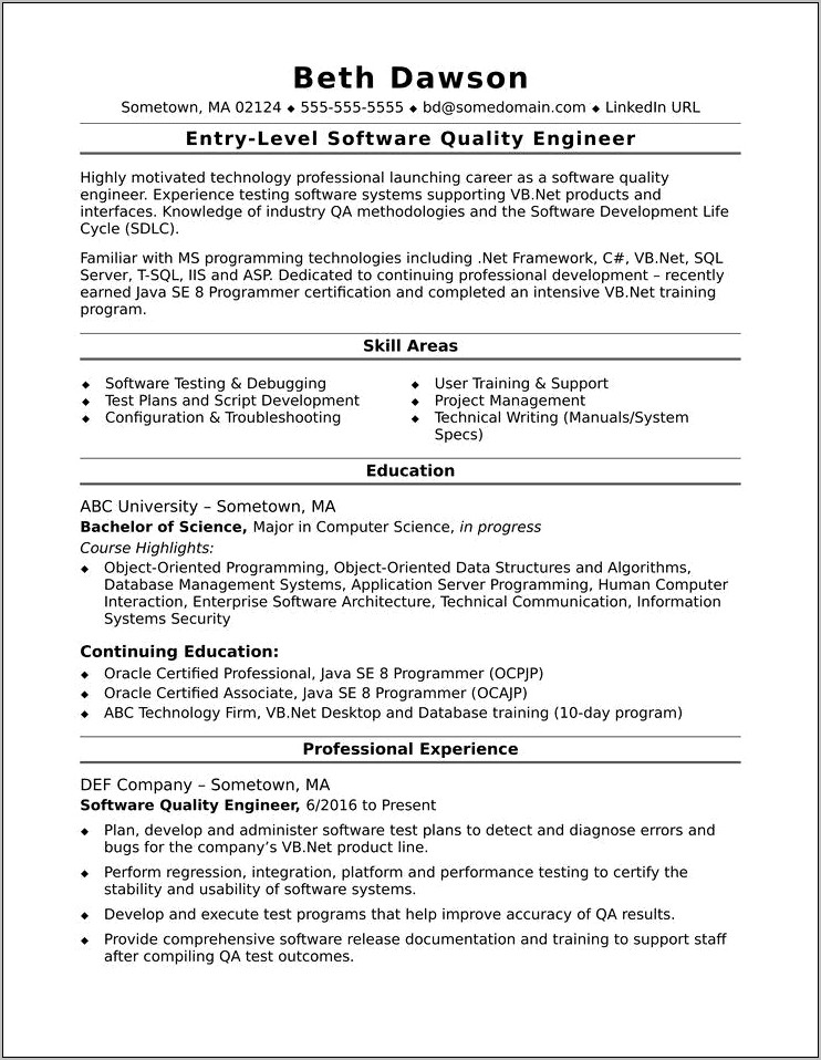 Entry Level Quality Assurance Resume Examples