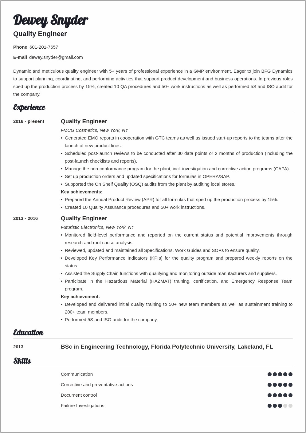 Entry Level Quality Engineer Resume Sample