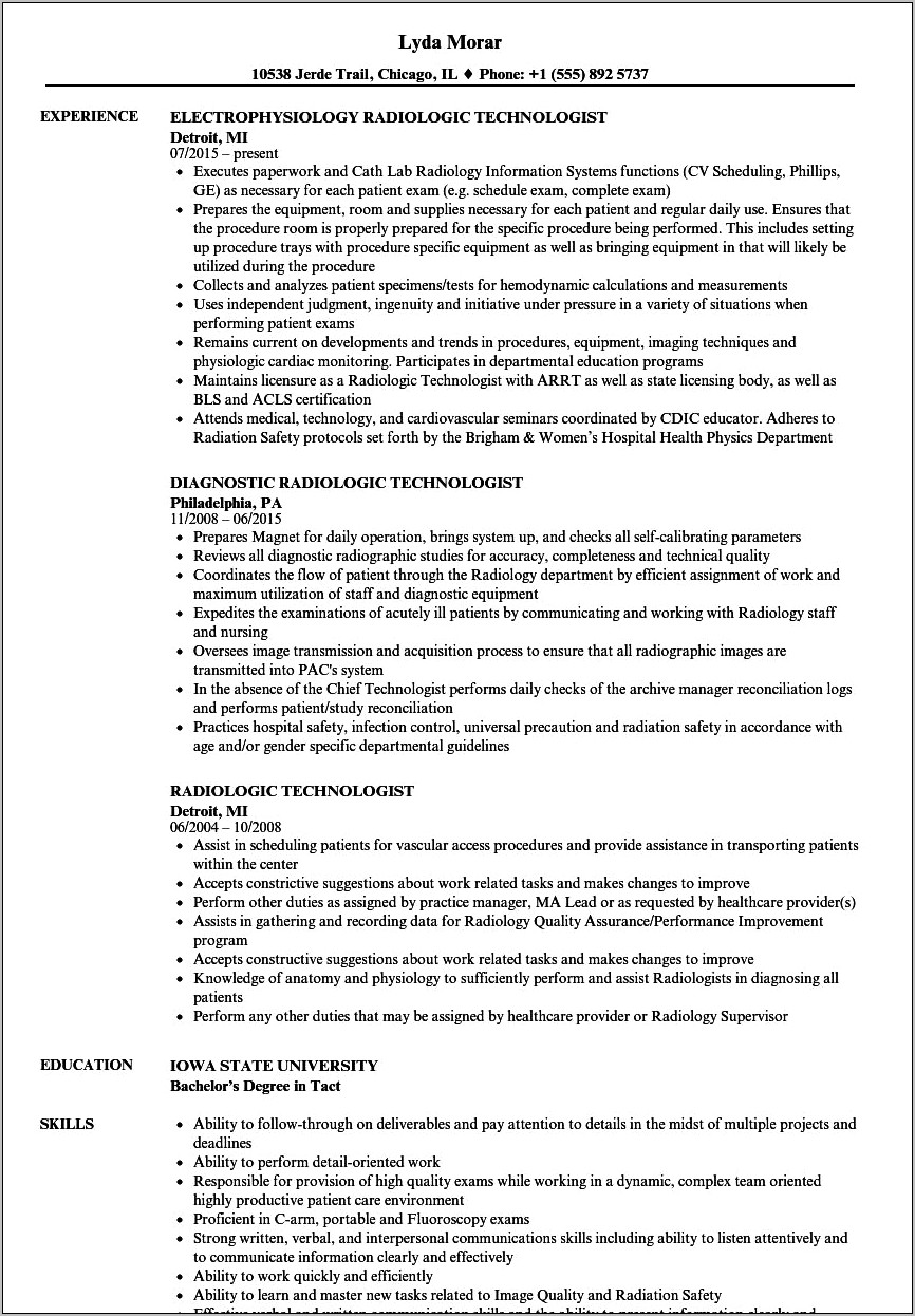 Entry Level Radiologic Technologist Resume Examples