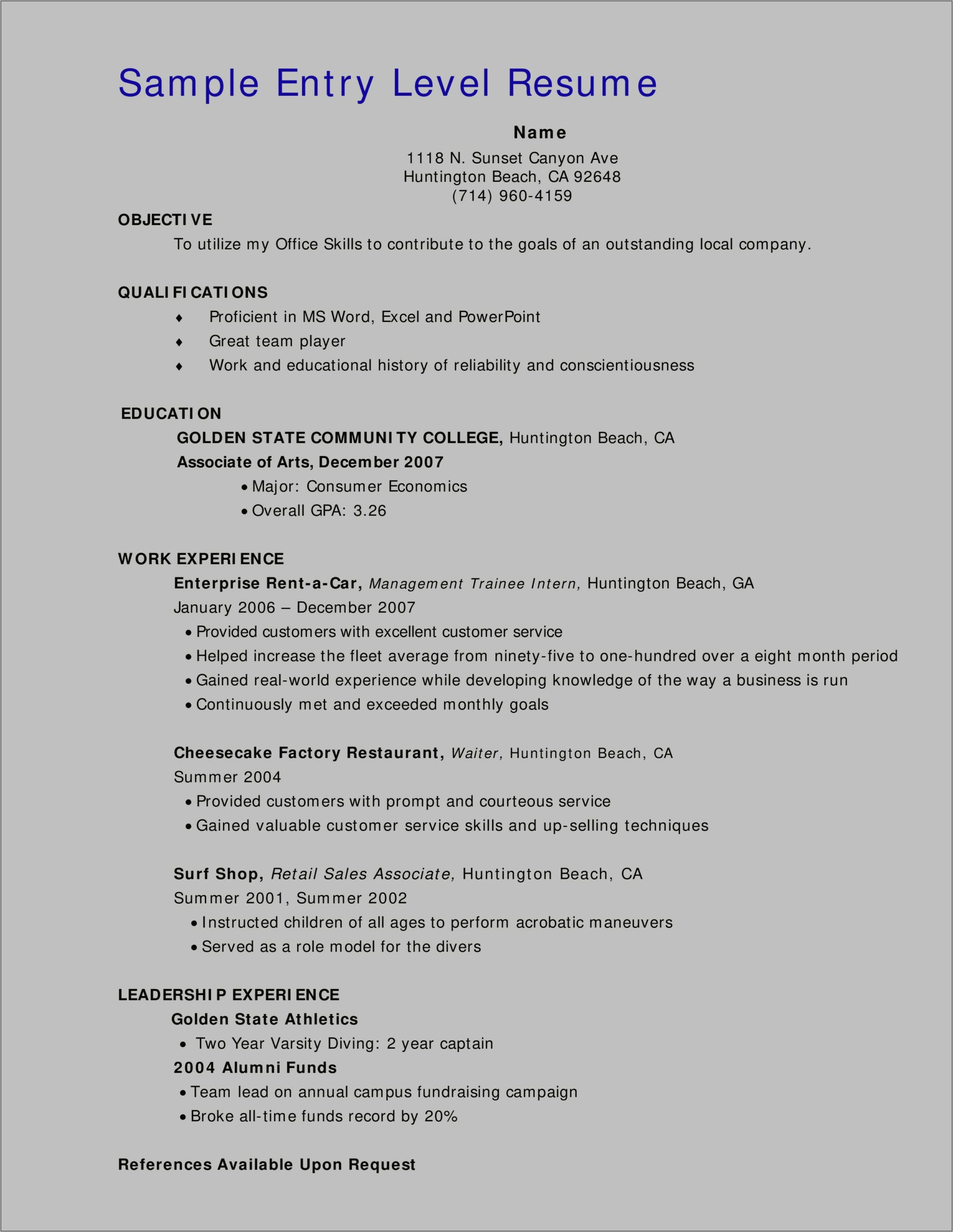 Entry Level Restaurant Job Resume