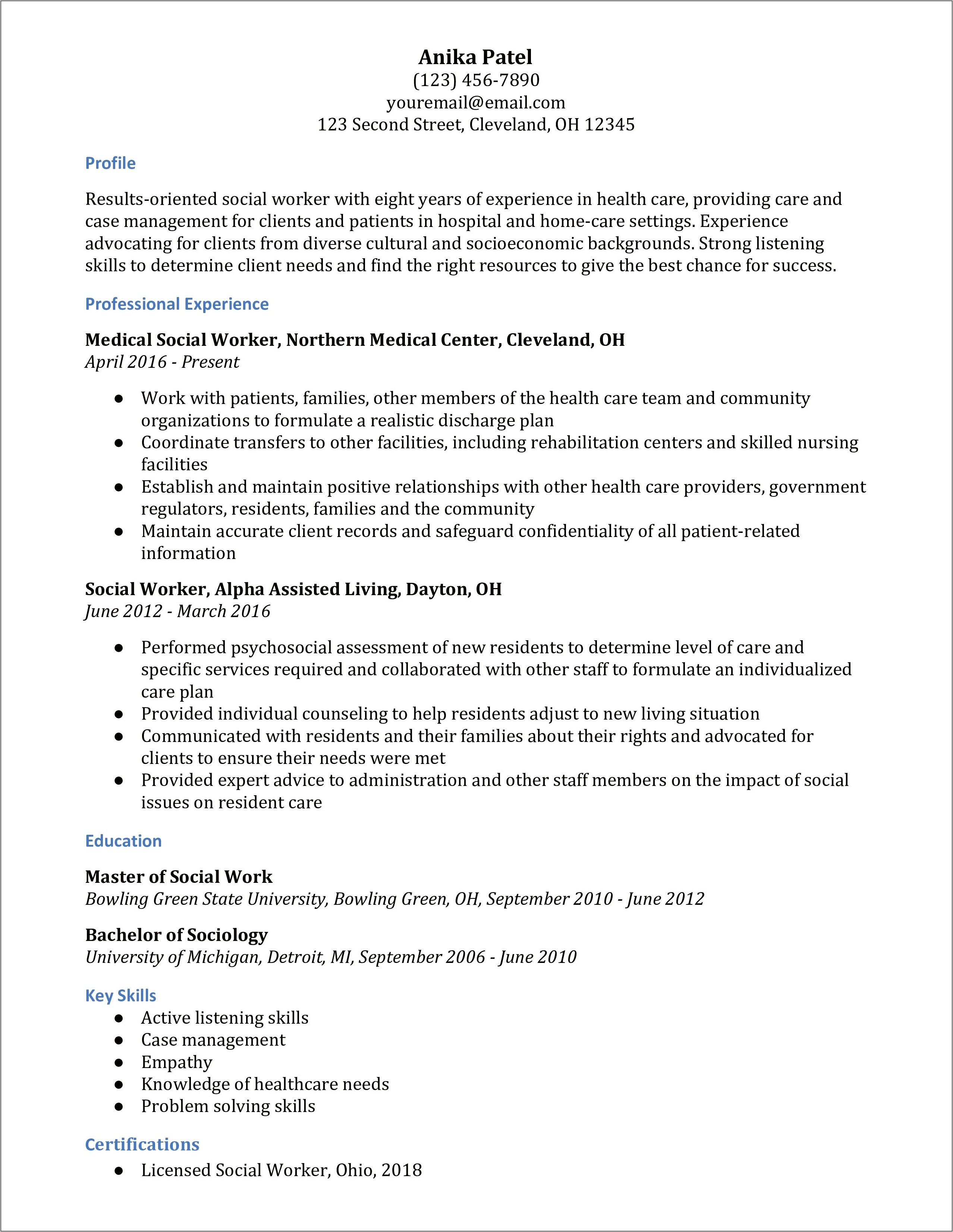 Entry Level Social Work Resume Summary