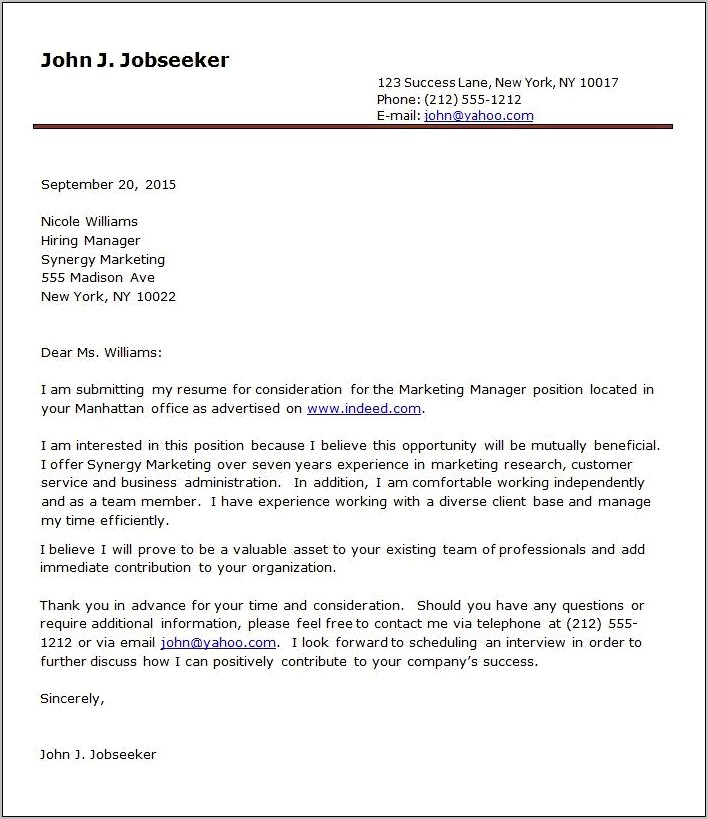 Environmental Sample Cover Letter For Resume