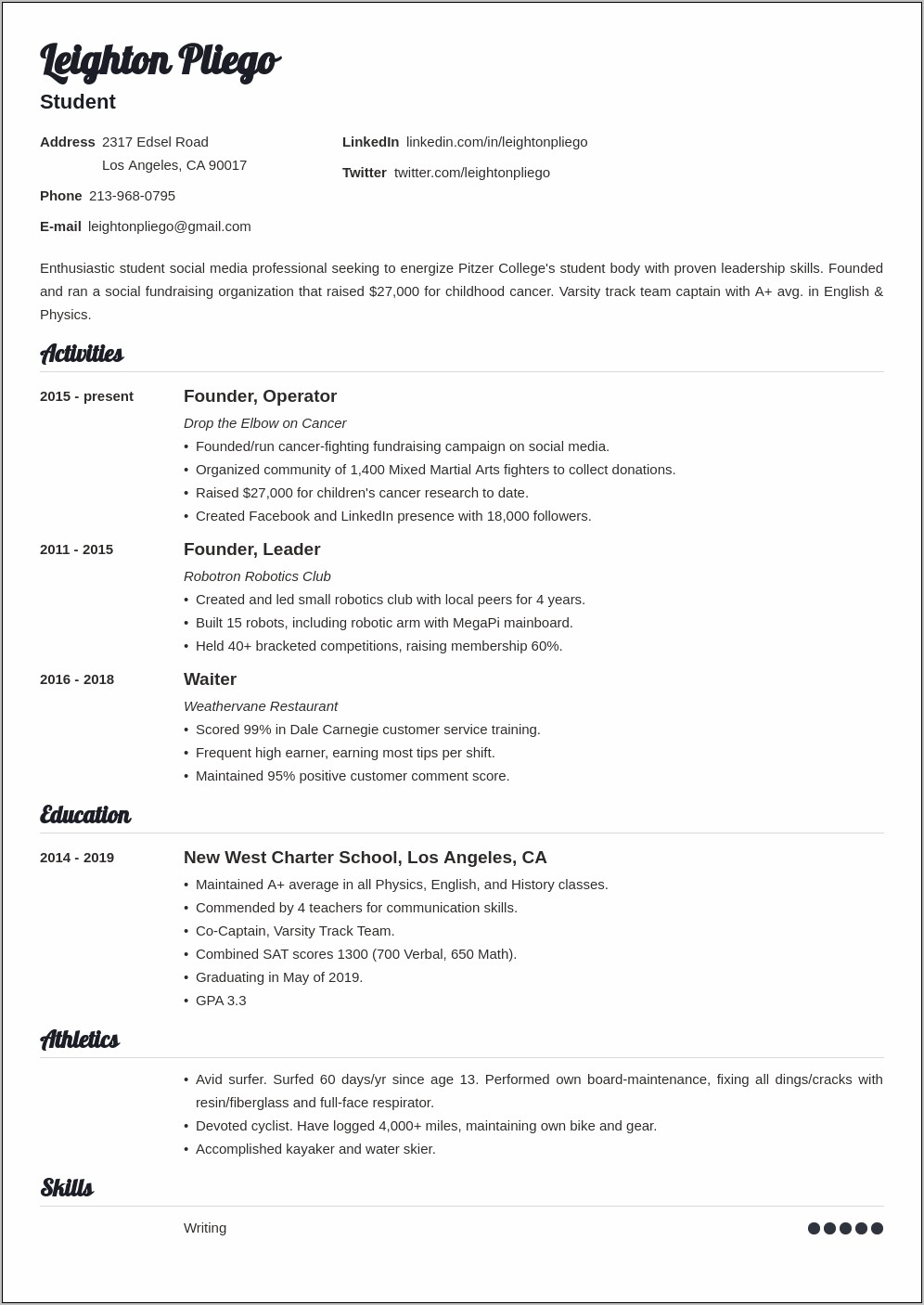 Example Headers For Resume Out Of College