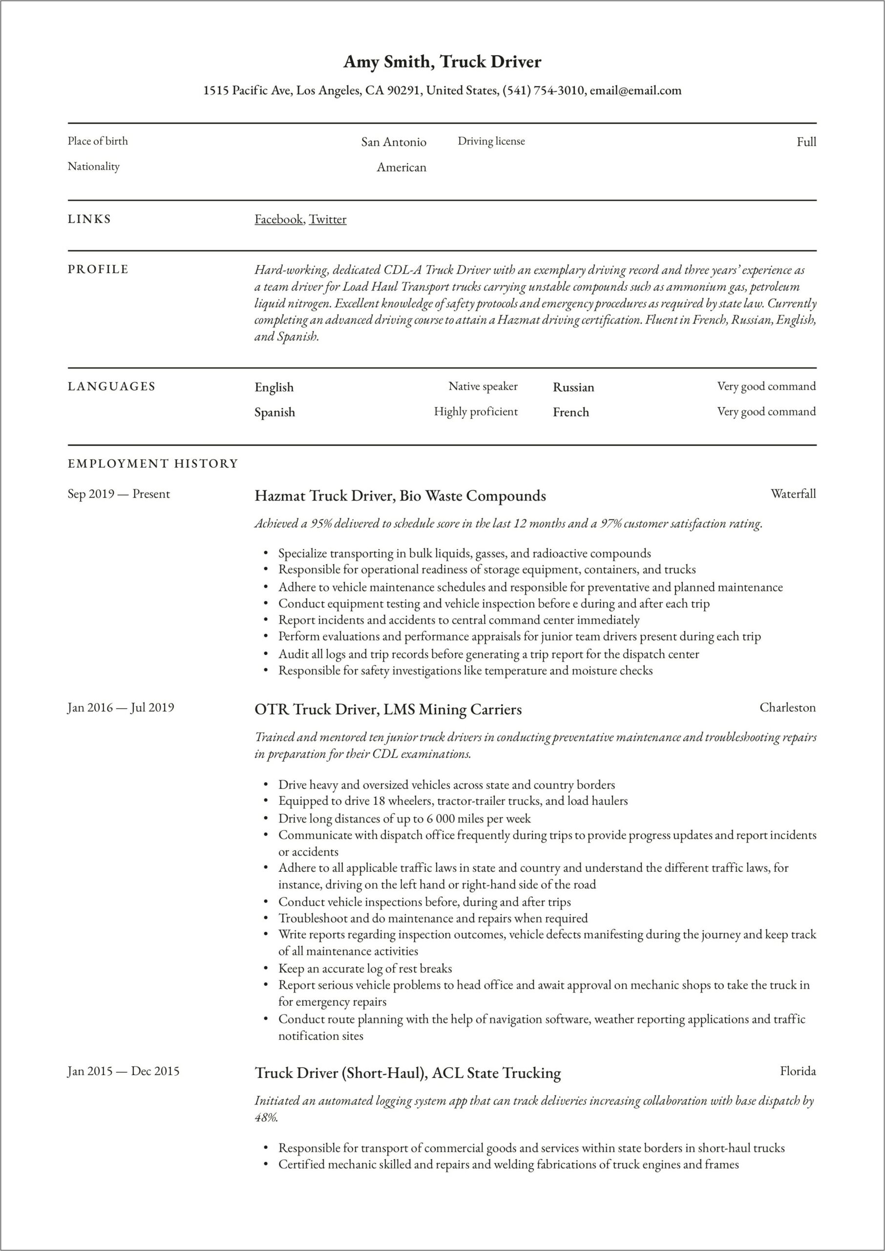 Example Of A Full Written Resume In Transportation