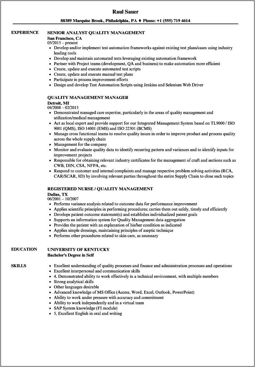 Example Of A Quality On A Resume