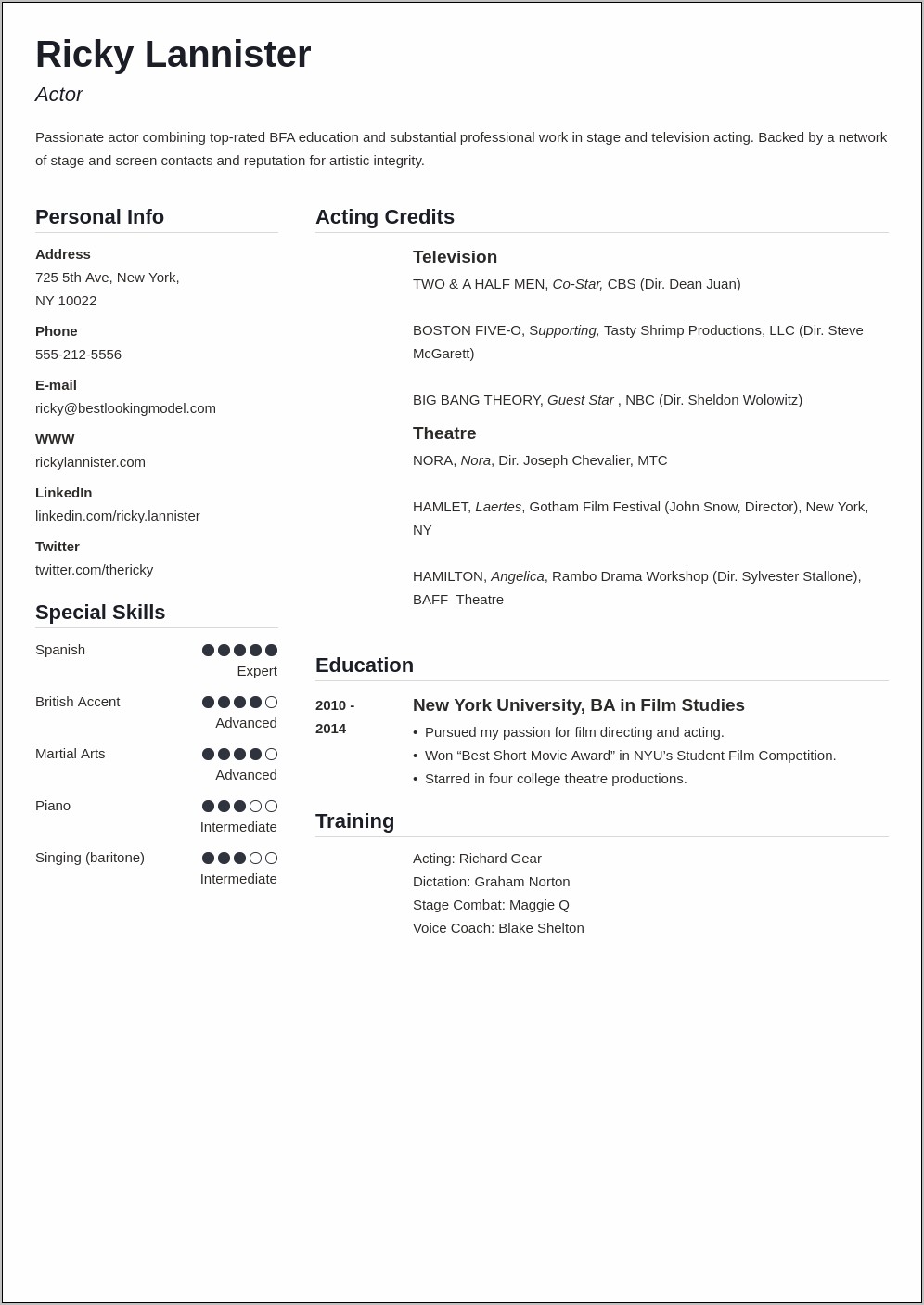 Example Of An Actor's Resume