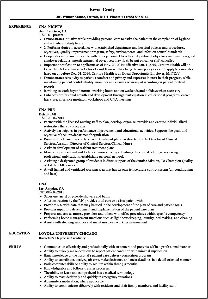 Example Of Cna Resume With Experience