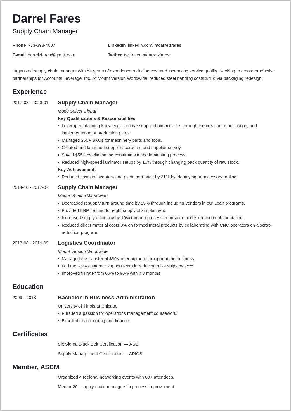 Example Of Logistics Manager Resume