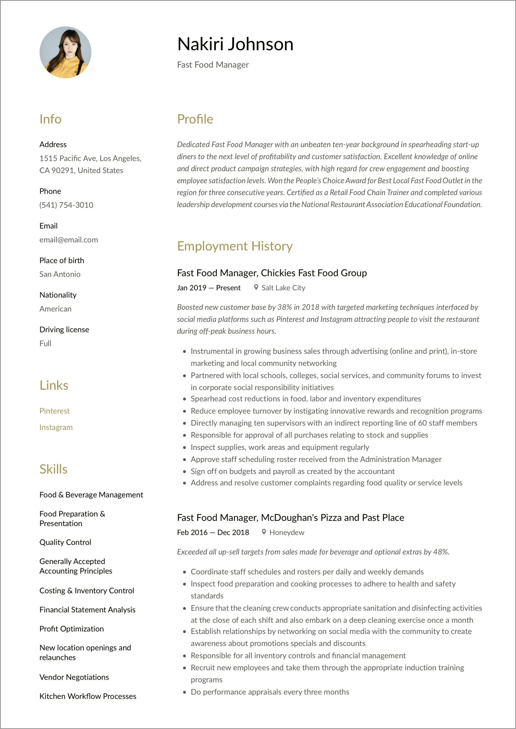 Example Of Resume For Fast Food Chain