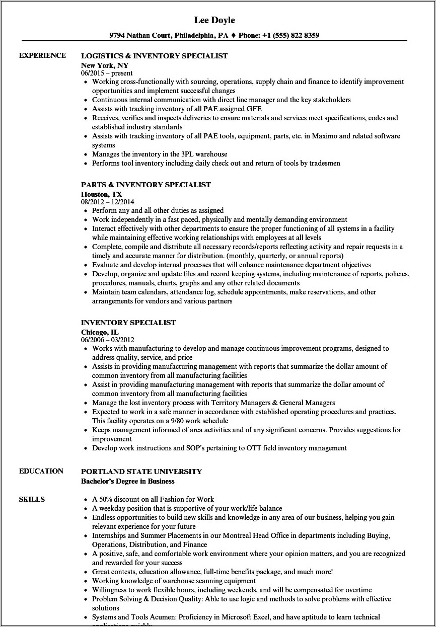 Example Resume For Kroger Store Inventory Specialist