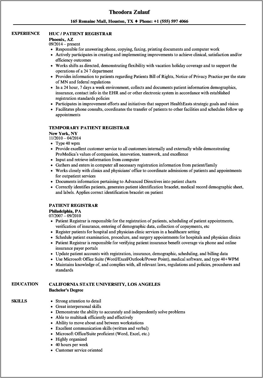 Example Resume For Patient Registration Clerk