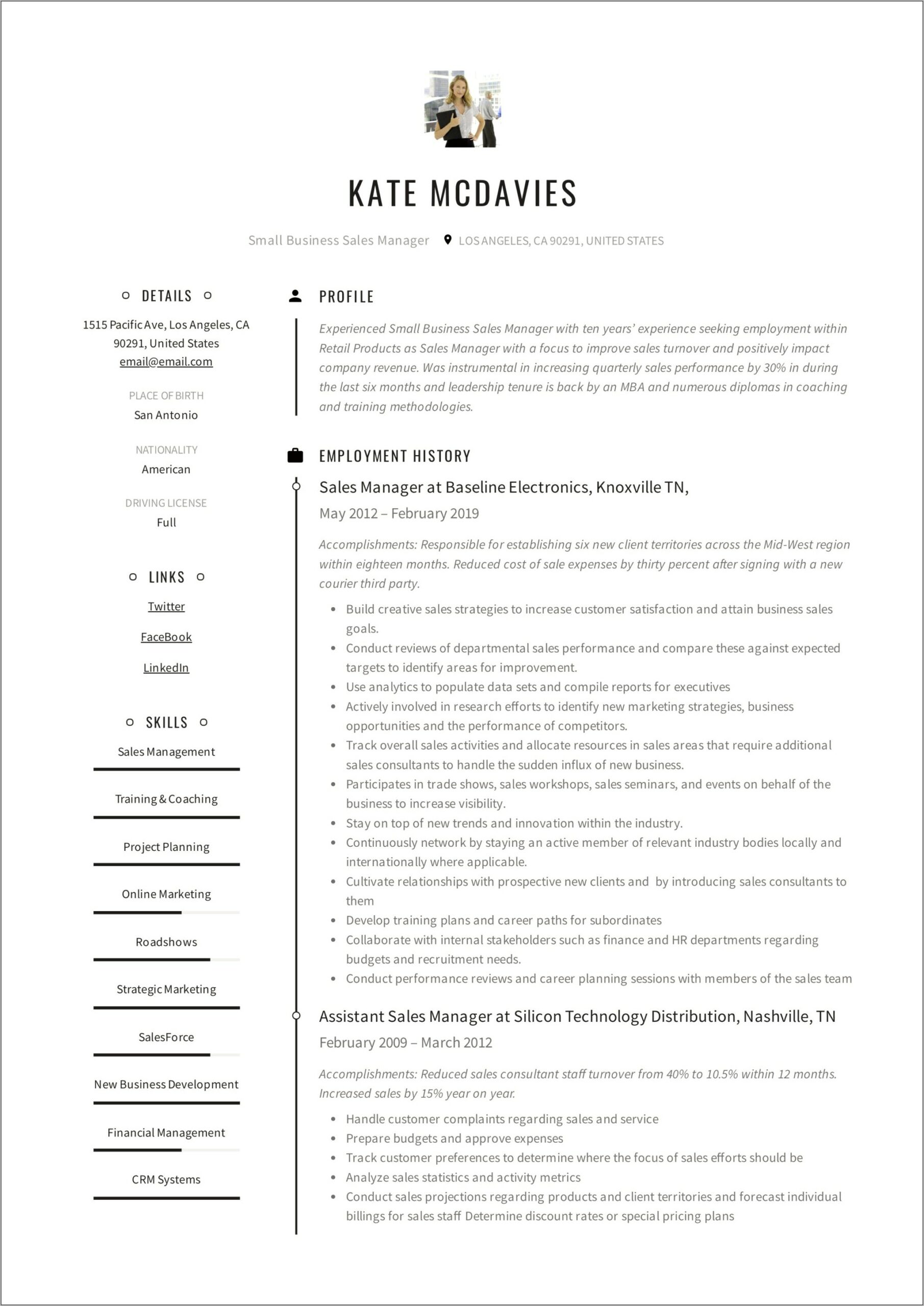 Example Resume Statements For Sales Manager