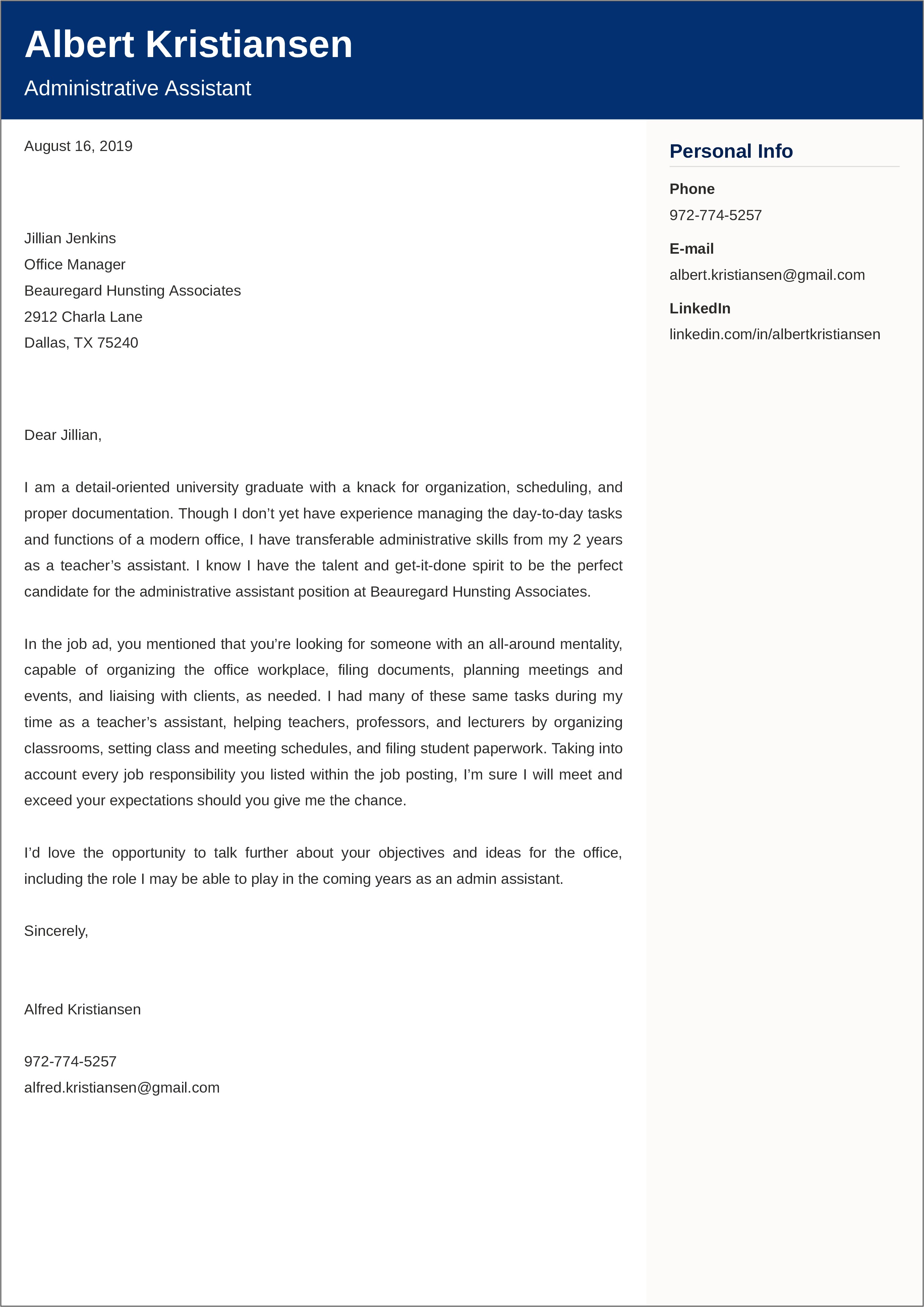 Examples Of Administrative Assistant Cover Letters For Resumes