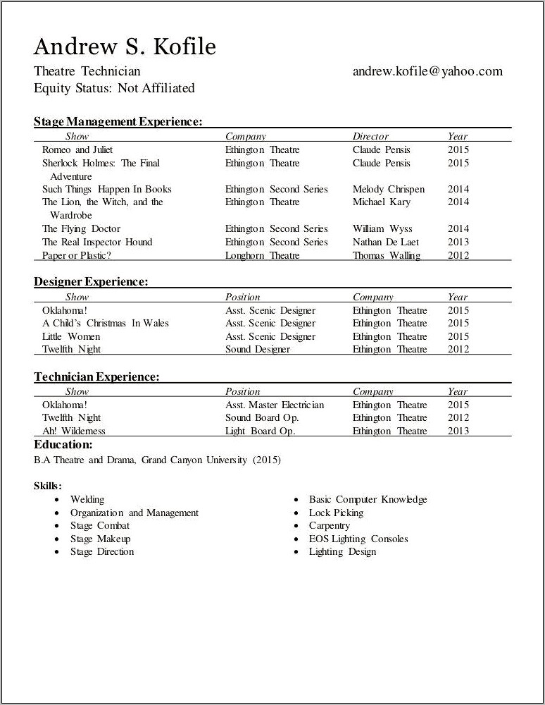 Examples Of Techn Design Theatre Resume