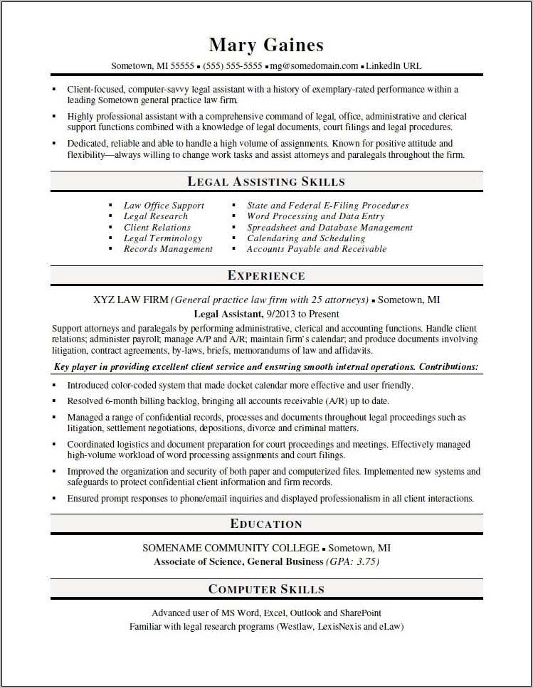 Excellent Law Clerk Legal Assistant Entry Job Resumes