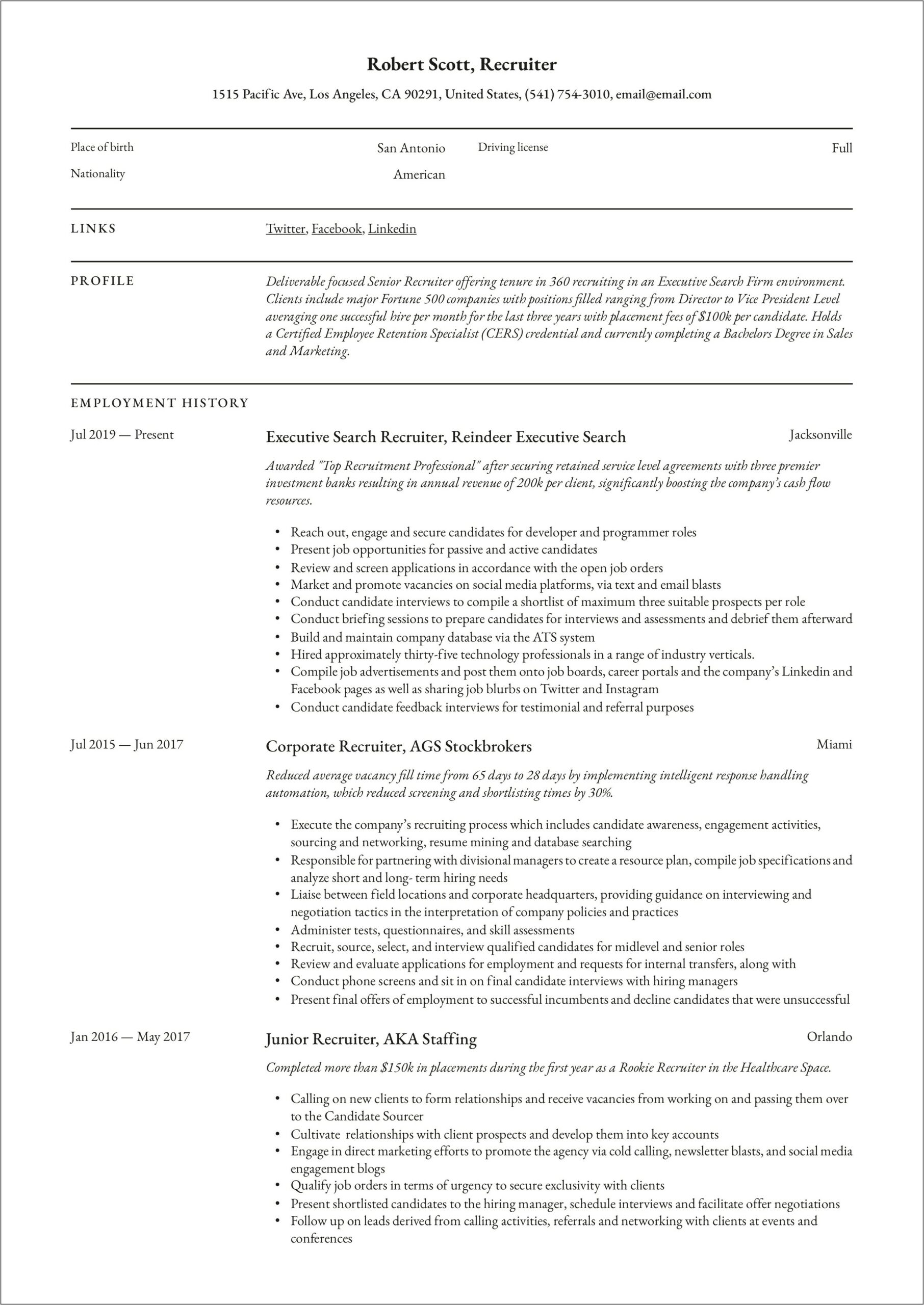 Exectuve Search Recruiter Resume Word Doc