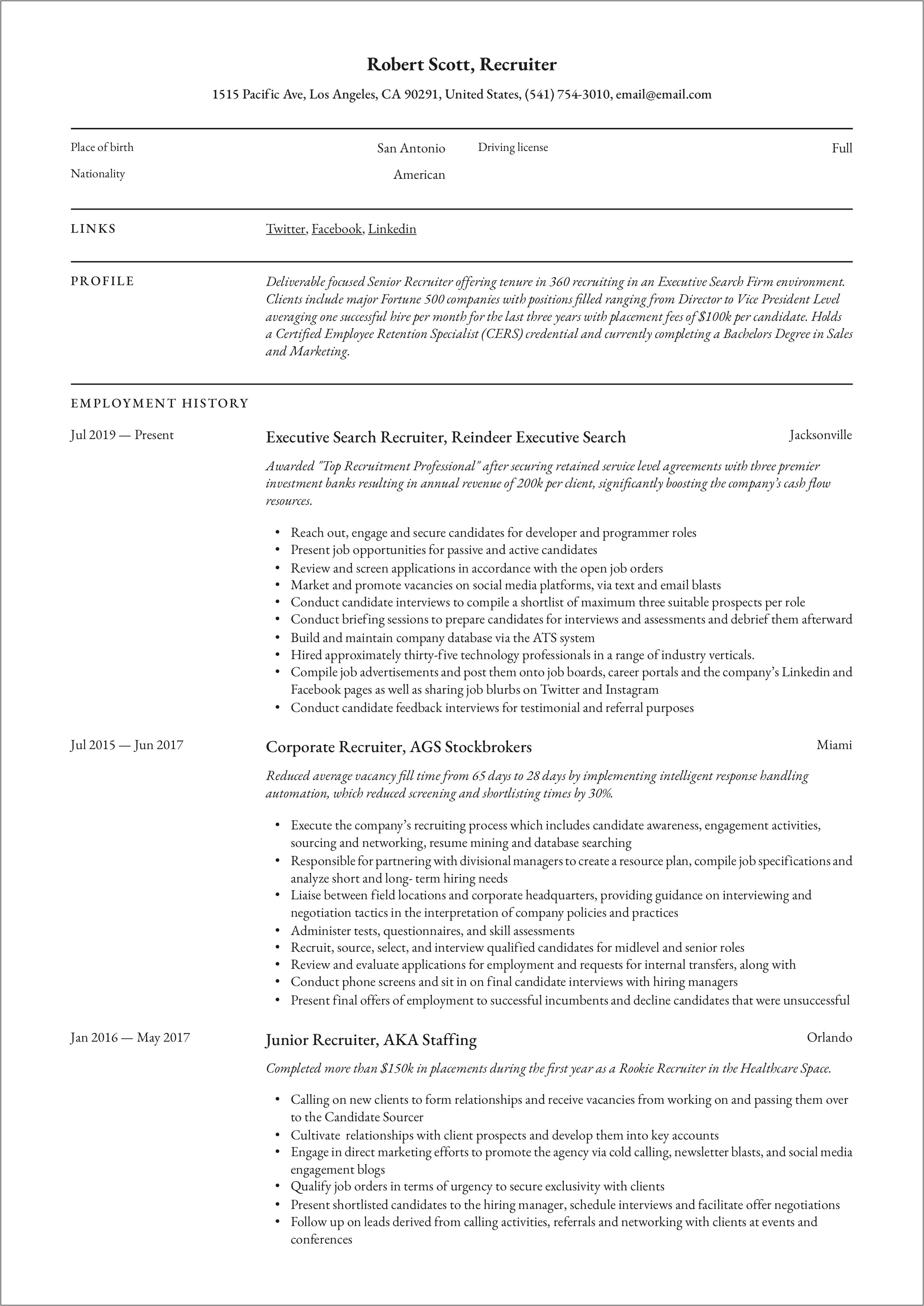 Exectuve Search Recruiter Resume Word Doc