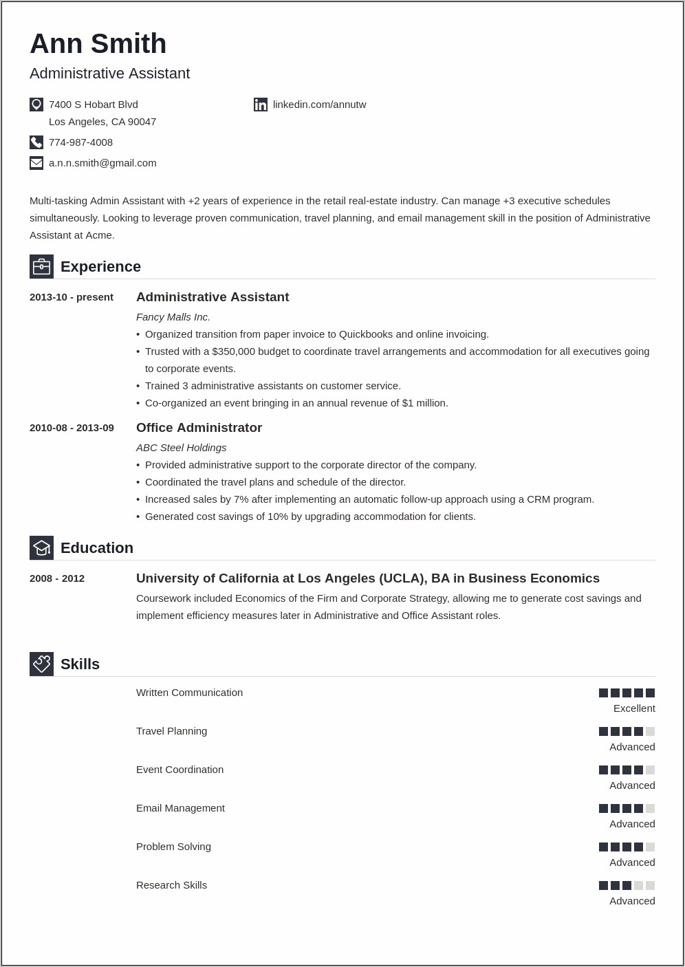 Executive Administrative Relevant Skills On Resume