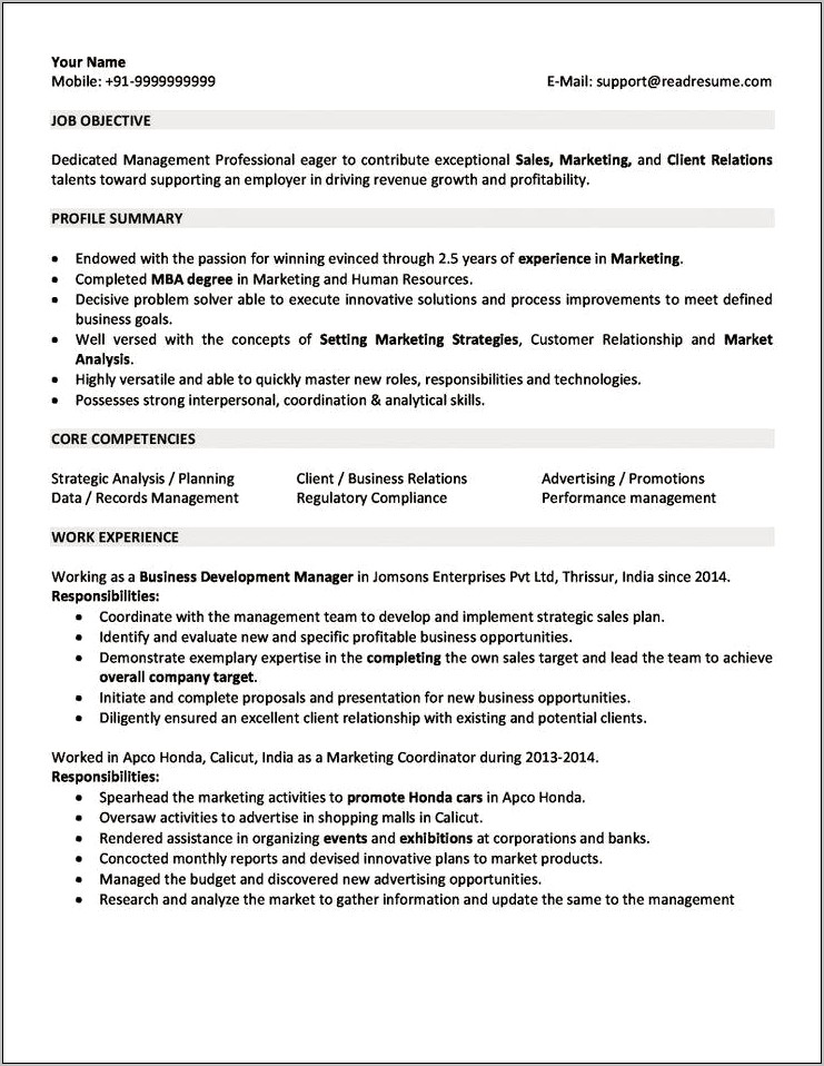 Experience Resume Format One Year Experience In Marketing