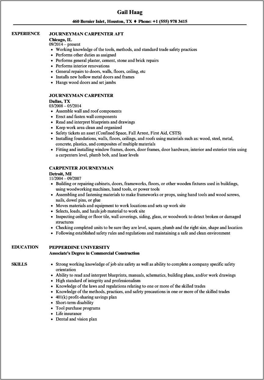 Finish Carpenter Job Description For Resume