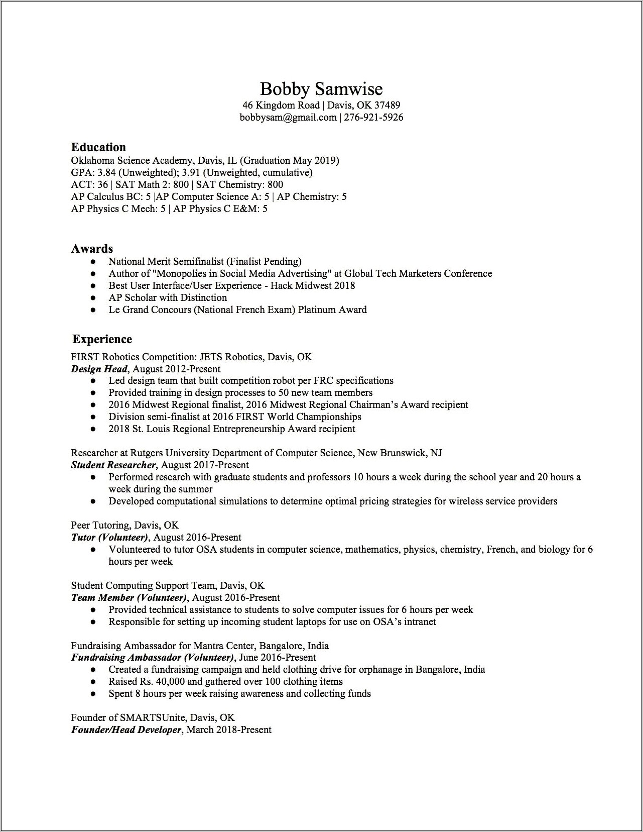Font And Size For High School Resume