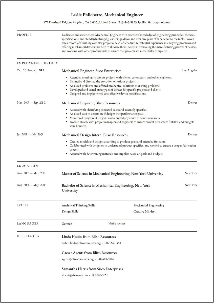 Free Download Sample Resume For Engineer