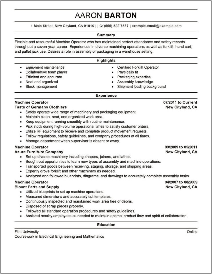 Free Equipment Operator Resume Samples