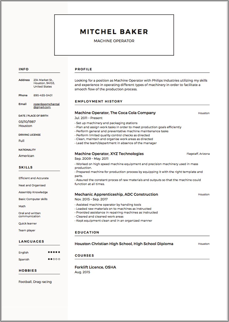 Glass Machine Operator Bender Resume Example