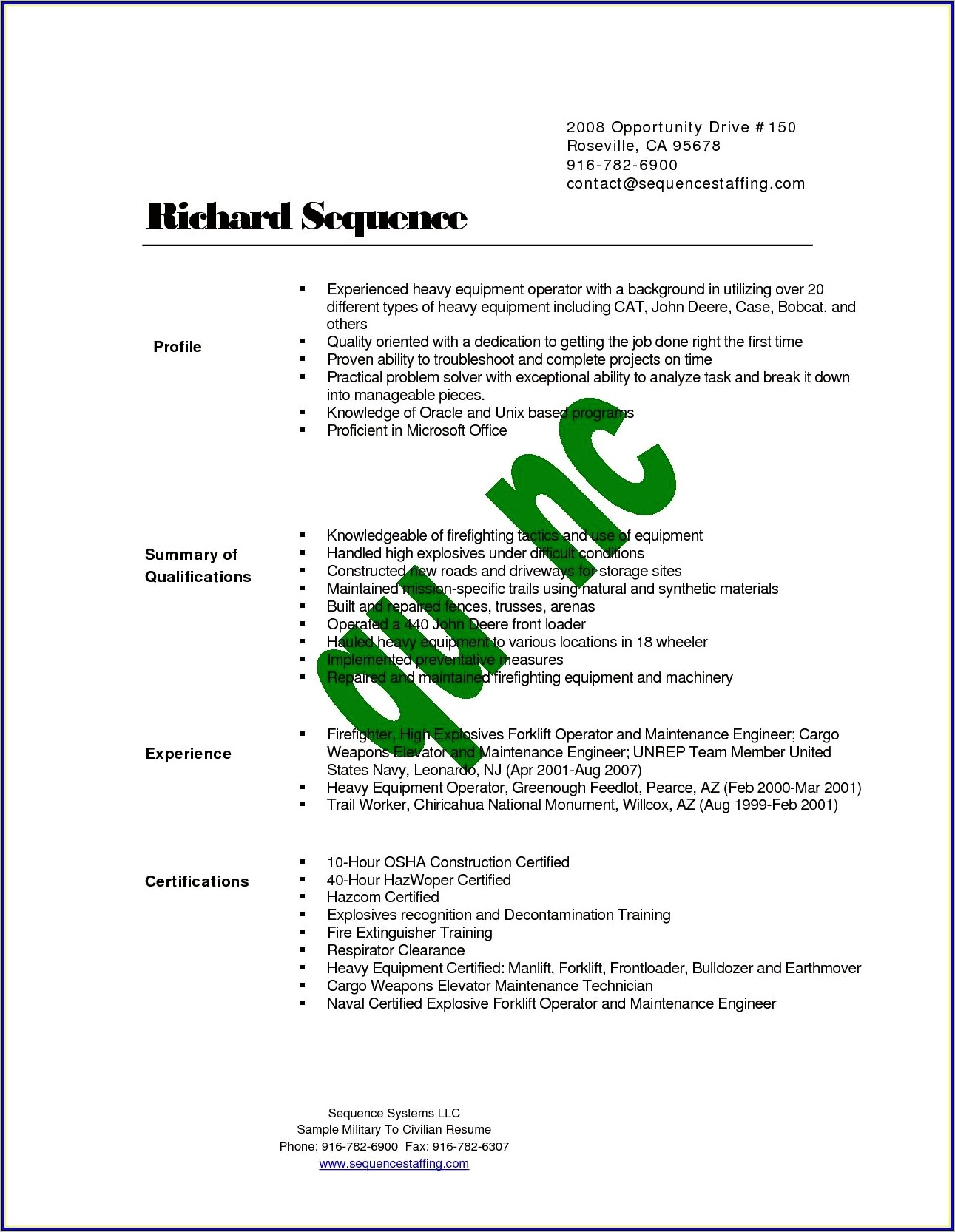 Good Profile For Heavy Construction Resume