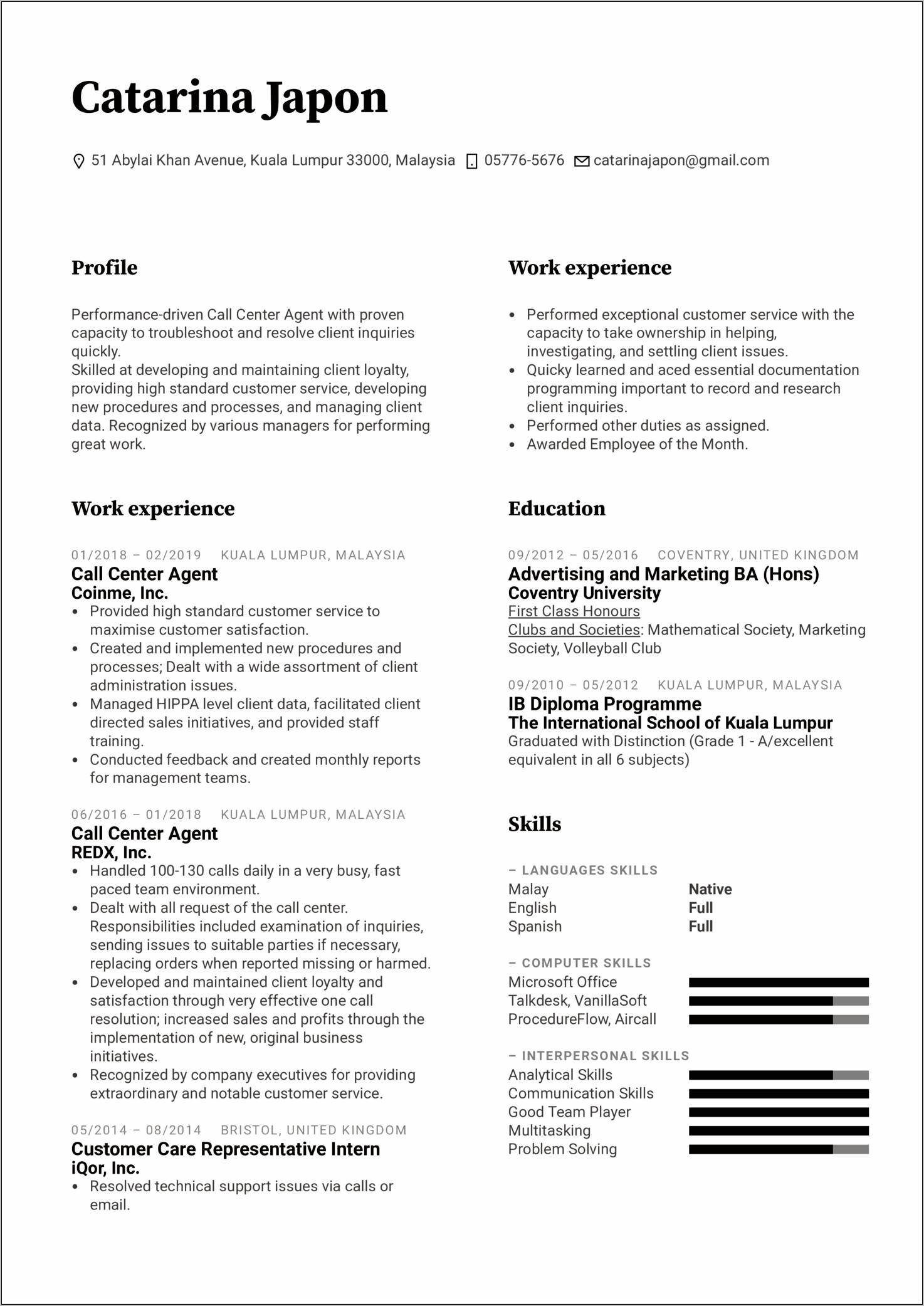 Good Resume Experience For Customer Service