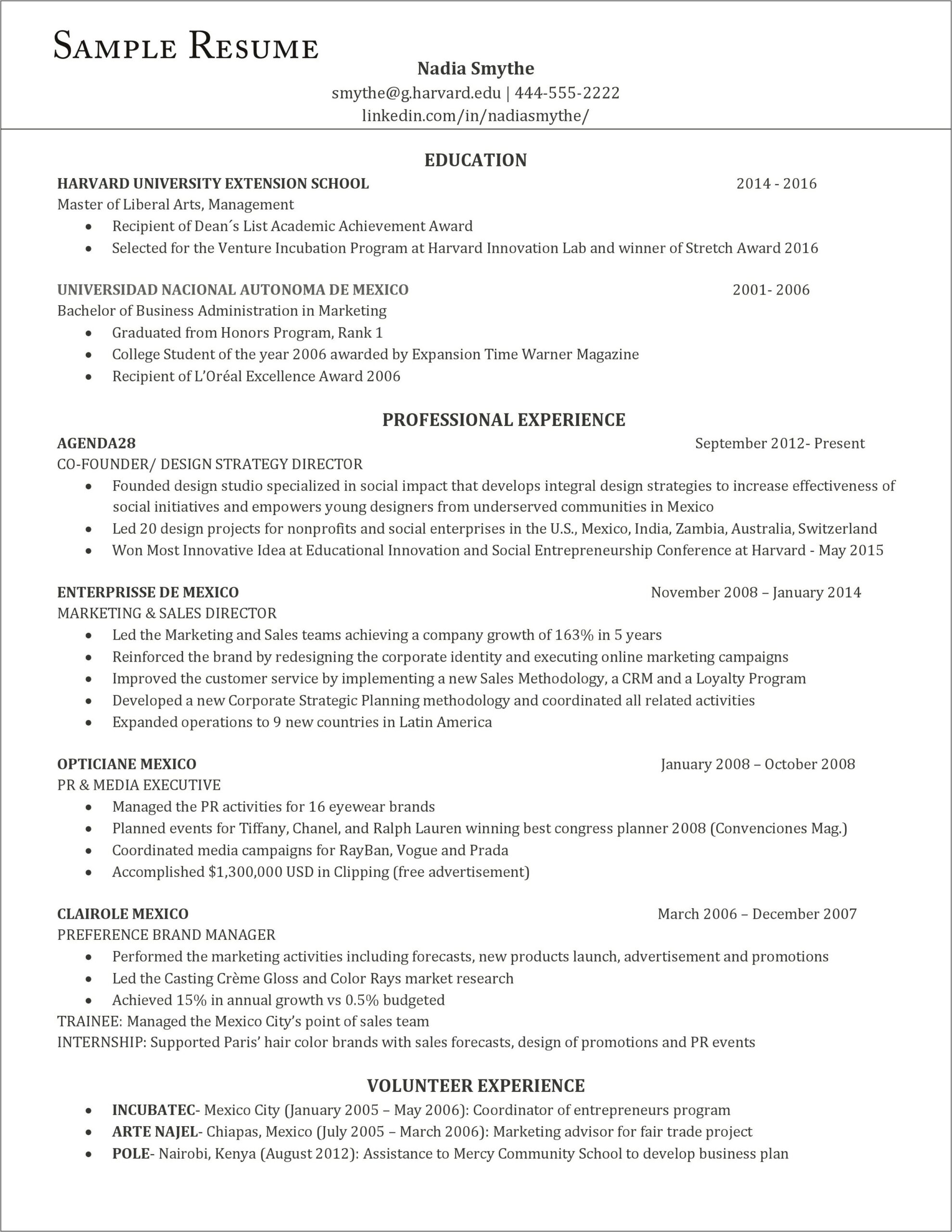 Harvard Sample Resume Tomaster Degree