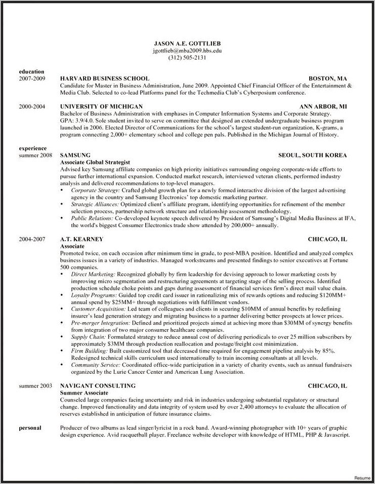 Harvrd Business School Resume Samples