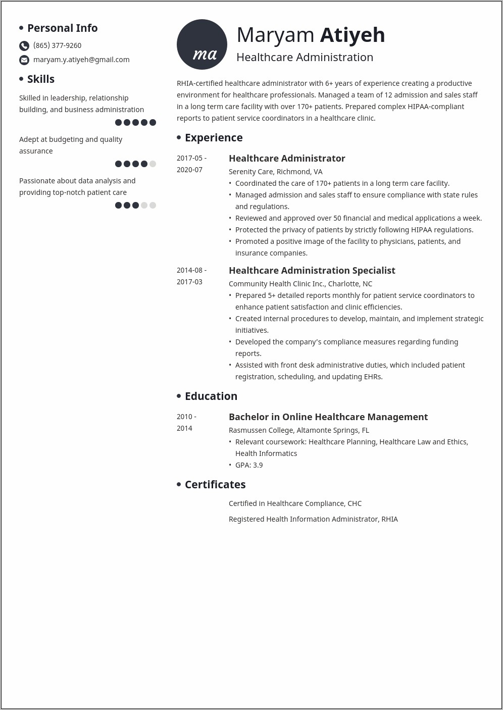 Healthcare Administrator Resume Sample Skills Needed