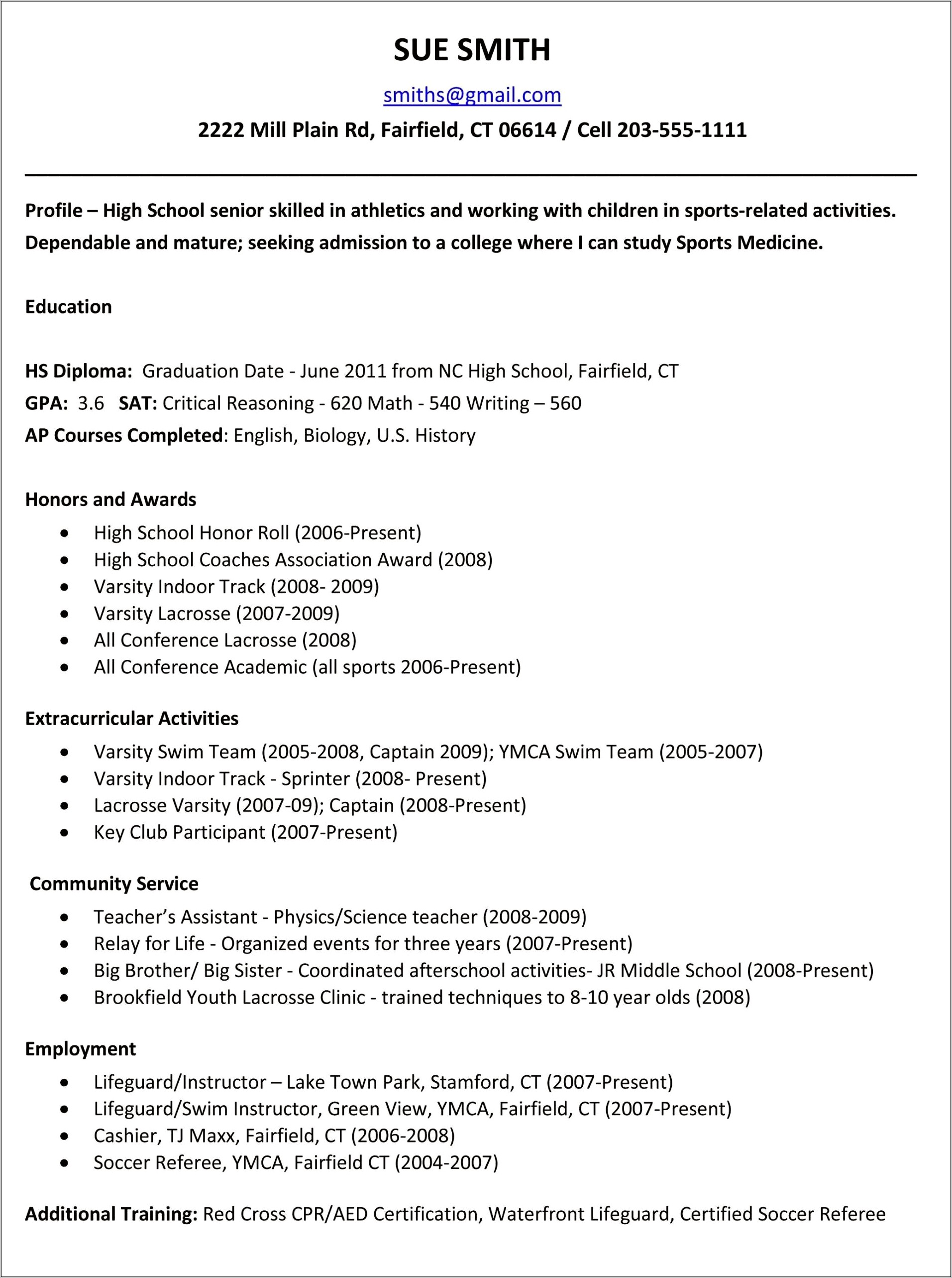 High School Resume Format For College Application