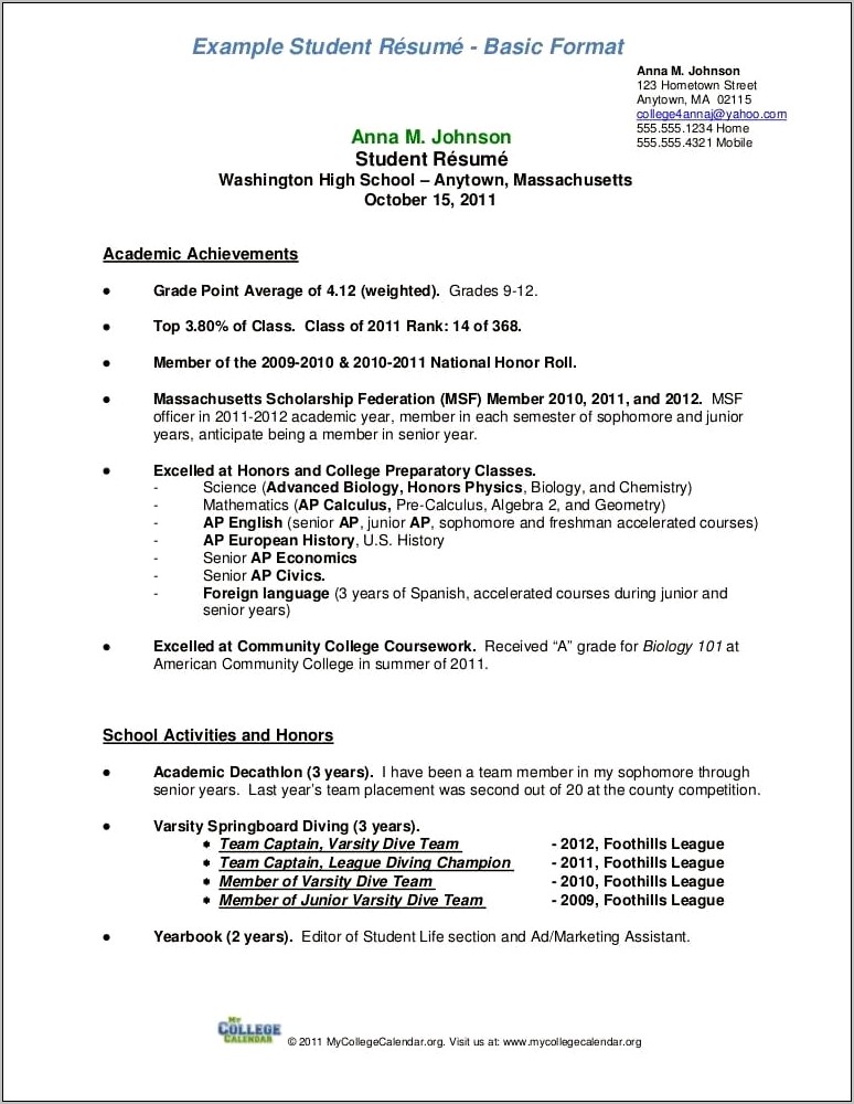 High School Senior College Resume Sample Resume Example Gallery