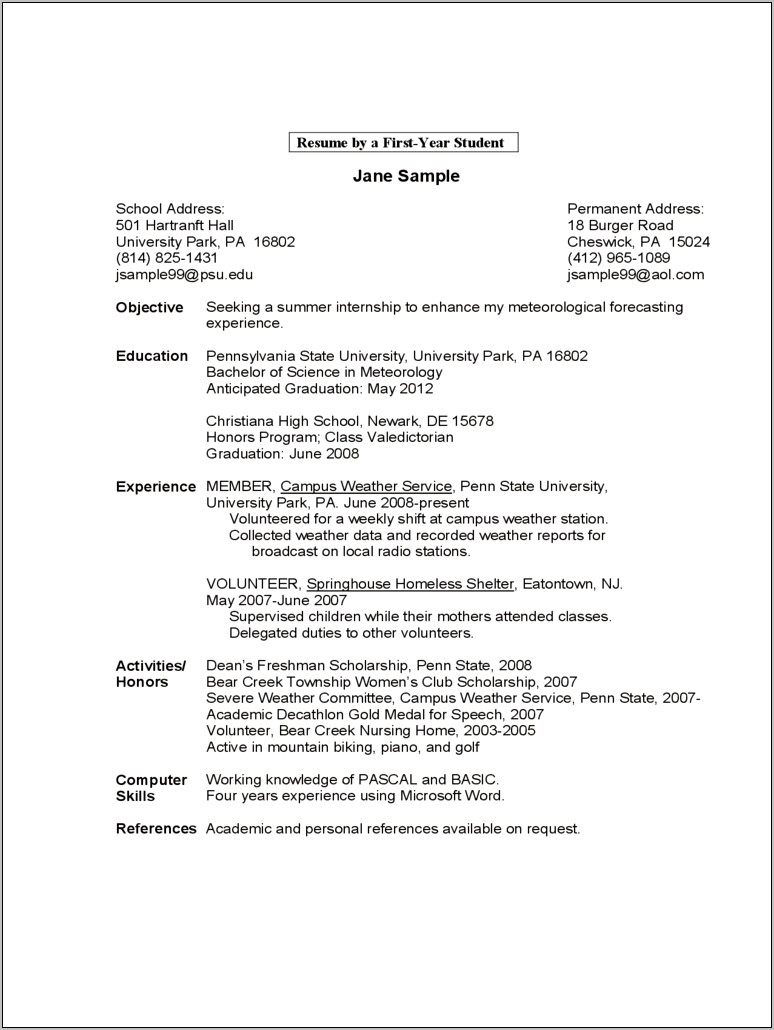 High School Seniors Resumes For Honors College