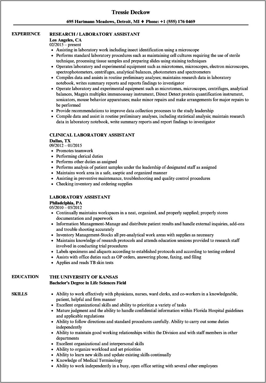 Histology Lab Assistant Resume Little Experience