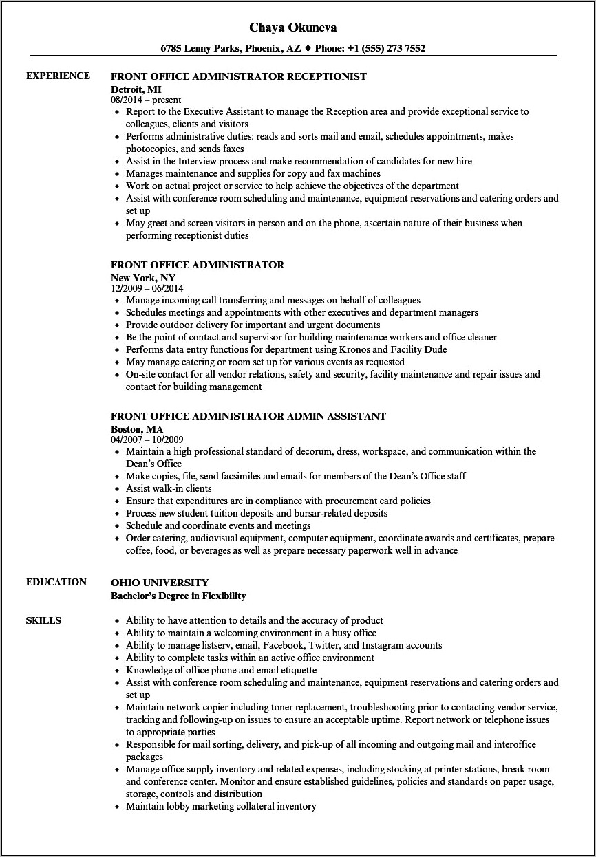 Hotel Front Office Manager Sample Resume