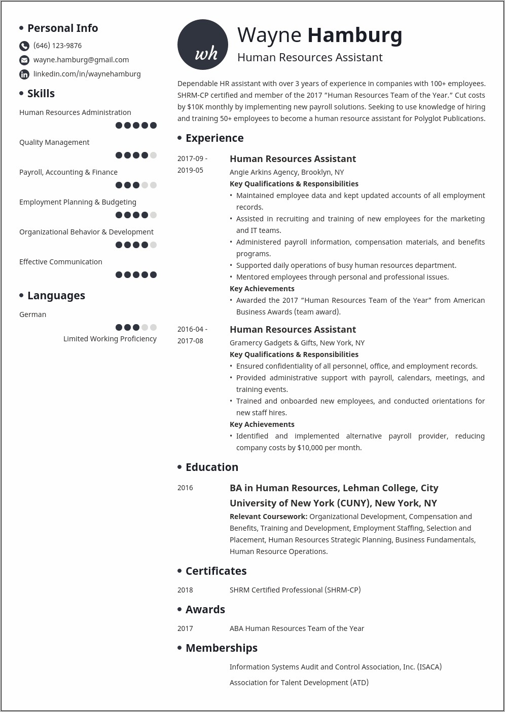 Hr Assistant Resume No Experience Summary