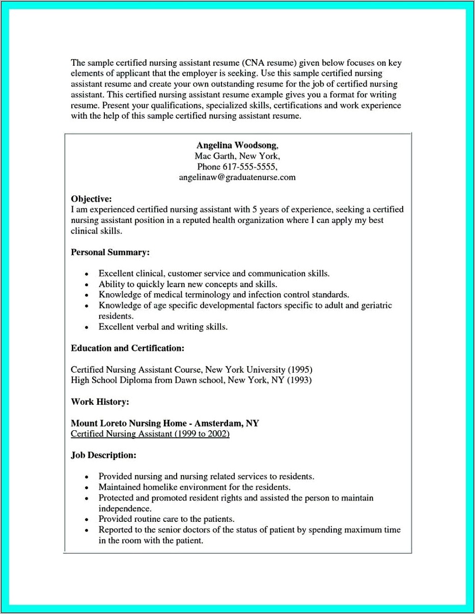 Indiana Cna Job Description For Resume