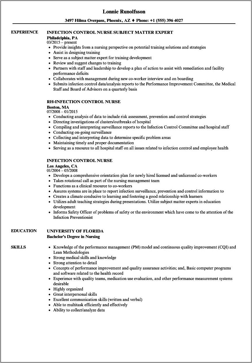 Infection Preventionist Job Description For Resume