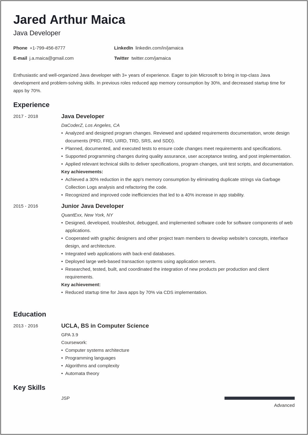 Java 1 Year Experience Resume Sample