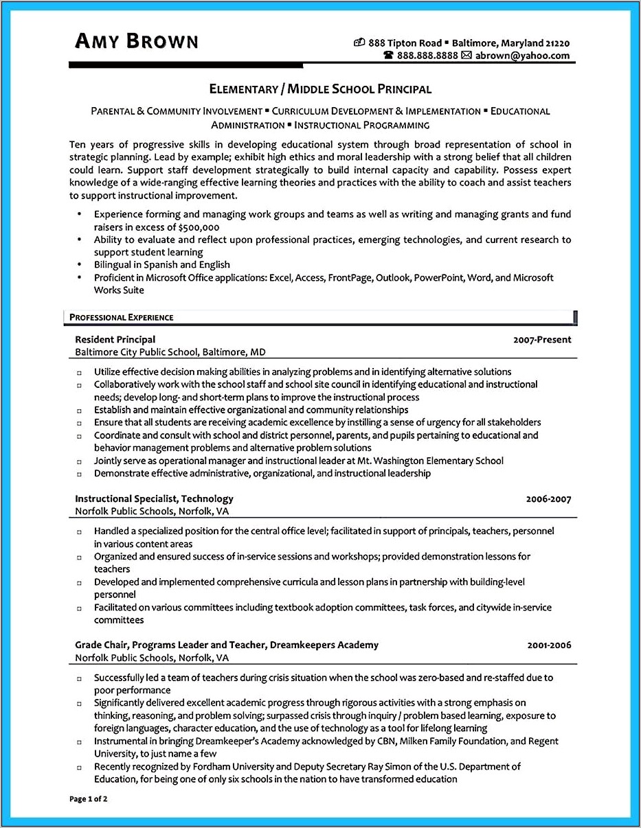 Job Description For Headmaster Of Resume