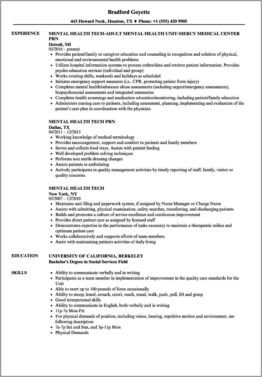 Job Description Of Behavioral Health Technician On Resume