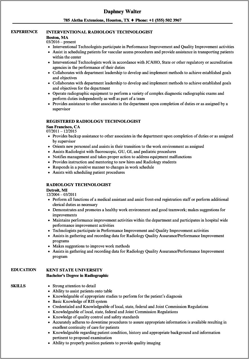 Job Resume Objective For A Radiologic Technician