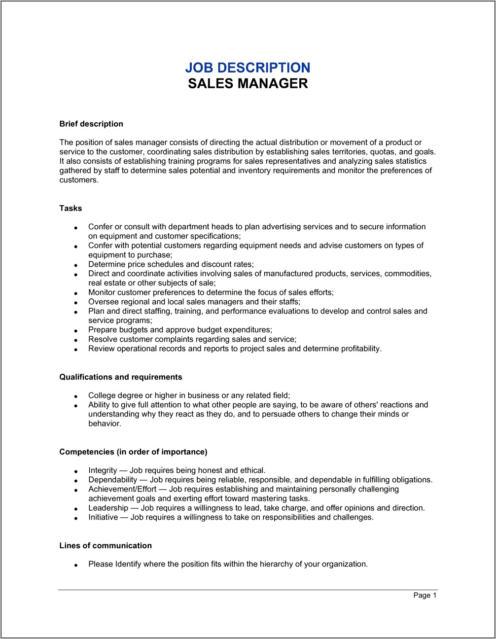 Jobdescription For Sales Manager For Resume