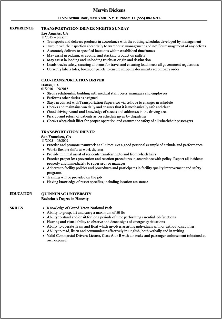 Limousine Driver Job Description For Resume