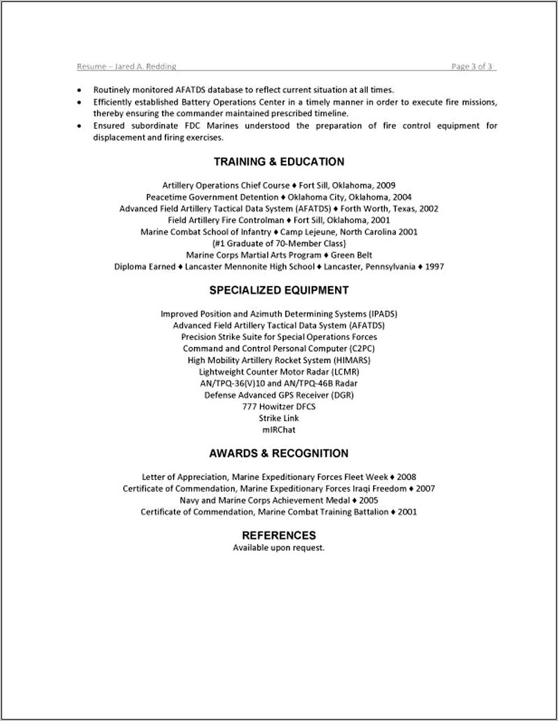 Marine Corps Service On A Resume Example