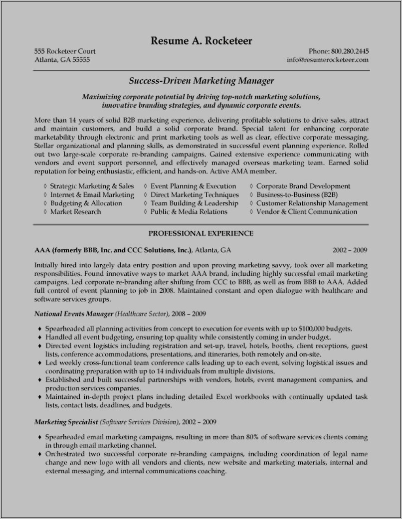 Marketing And Events Management Resume Examples