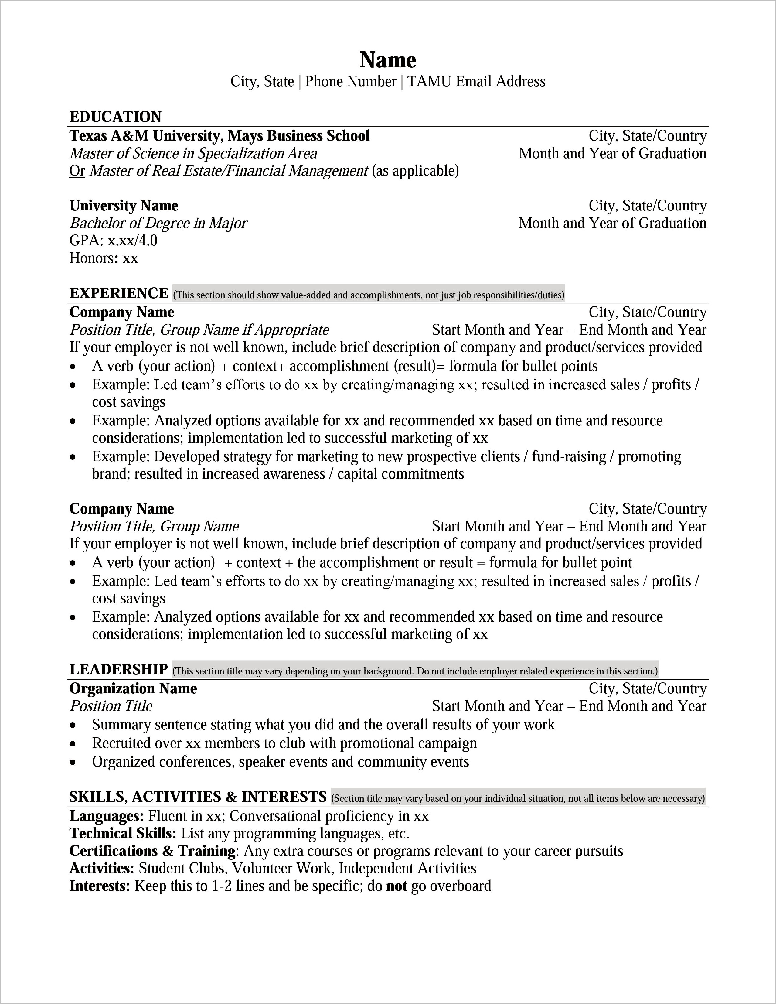 Mays Business School Resume Sample